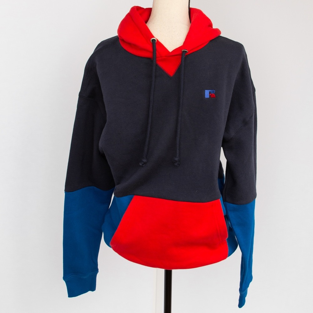 Retro color block hoodie in blue, red, & navy Miller style Russell Small